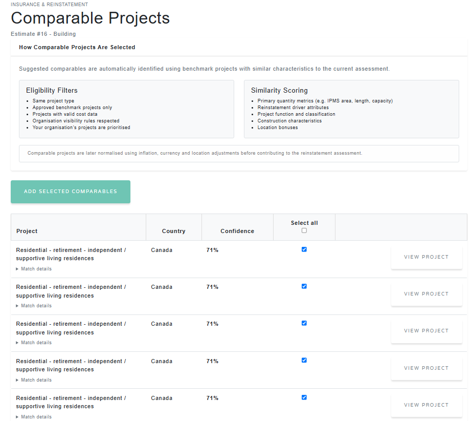 Saved comparable projects